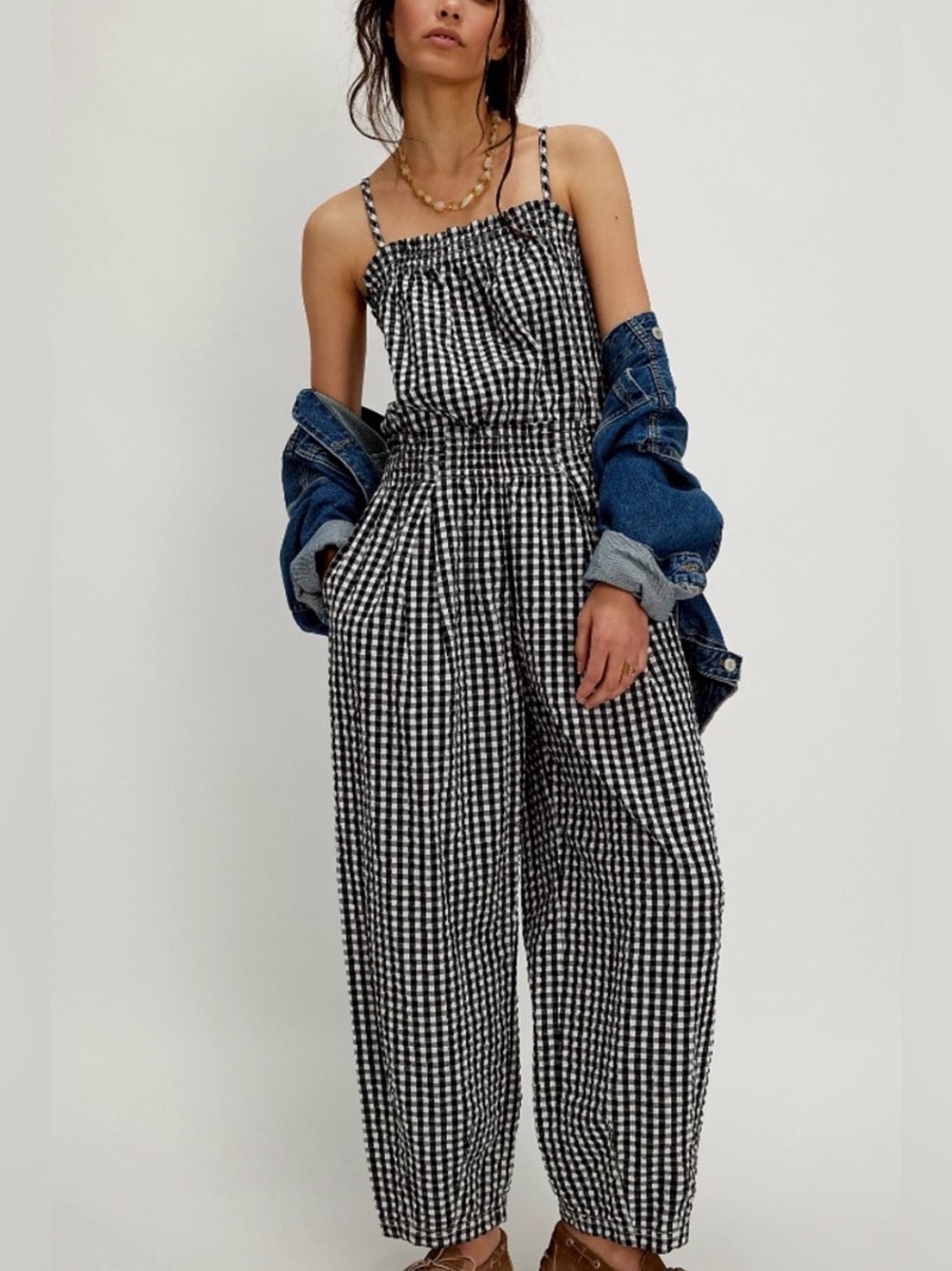 Free People Retro Heatwave Gingham Jumpsuit Black & White Sz. L